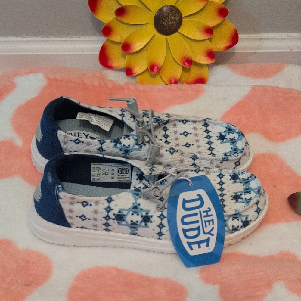 Hey Dude Women's Blue and White Patterned Sneakers